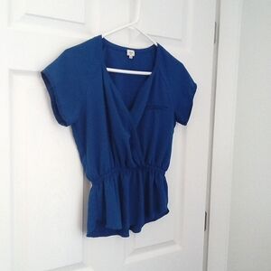 Wilfred Women's Deep Royal Blue Silk Feel Faux Wrap Front Peplum Blouse Sz Small